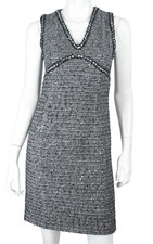 CHANEL 06A Gray Melange Tweed Braided Trim CC Sequin Embellished Sheath Dress 36