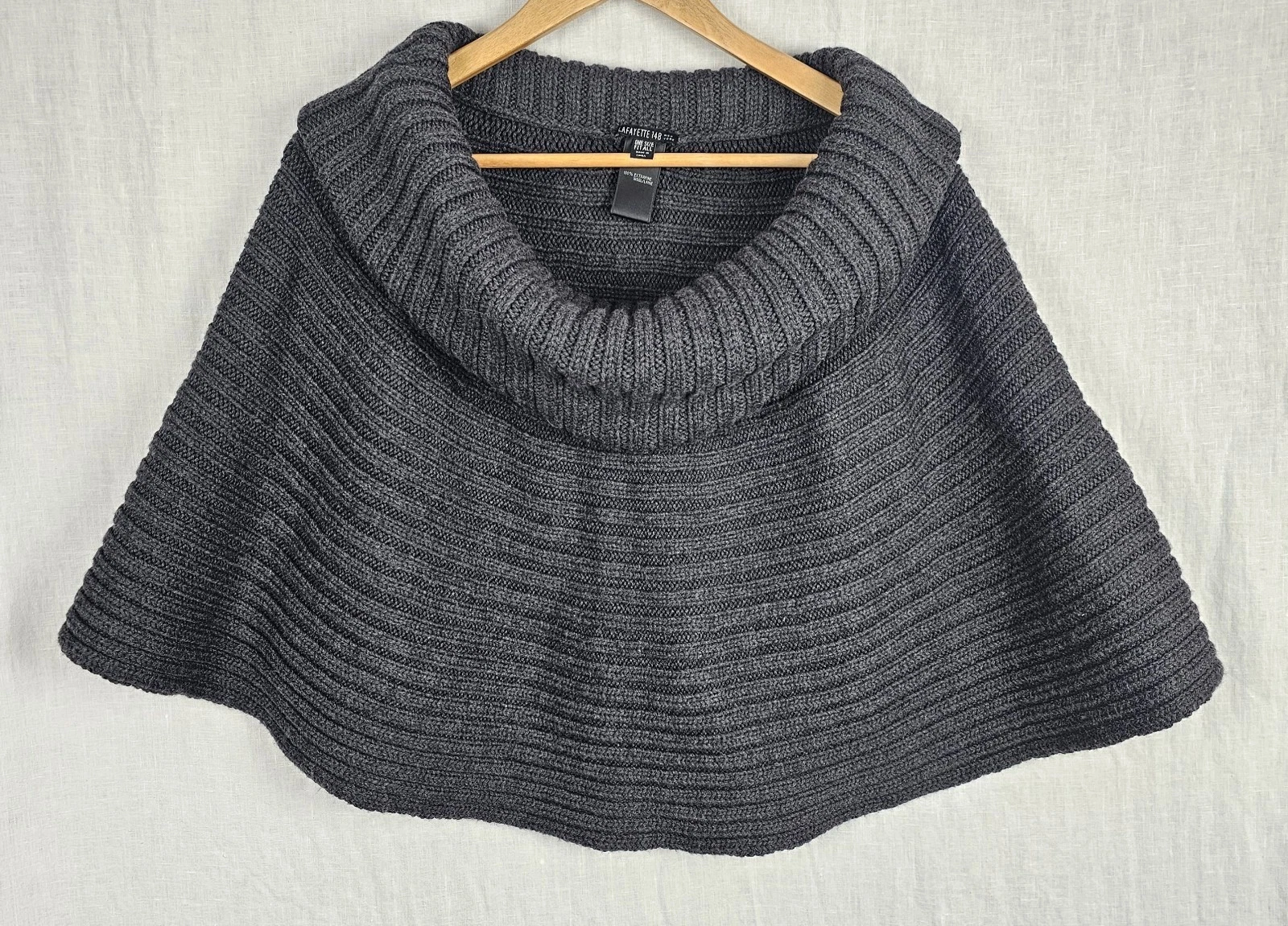 Lafayette 148 Womens Wool Cowl Neck Cape Poncho Chunky Ribbed Gray One Size