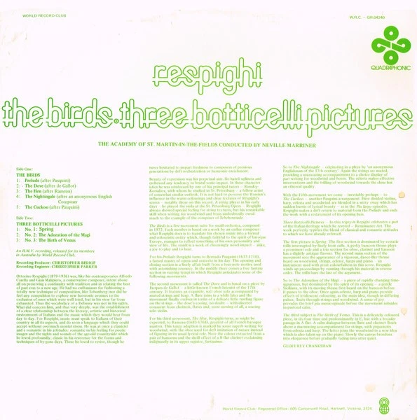 Ottorino Respighi - The Birds • Three Botticelli Pictures (LP, Quad, Club, Gre - Image 2 of 4