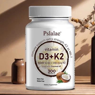 PSLALAE Vitamin D3+K2 MK7 10000 IU - with Coconut Oi - Joints, Bones and Immune Support