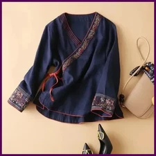 Summer Ethnic Style Women's Cotton Linen Embroidered Top Artistic Vintage Loose