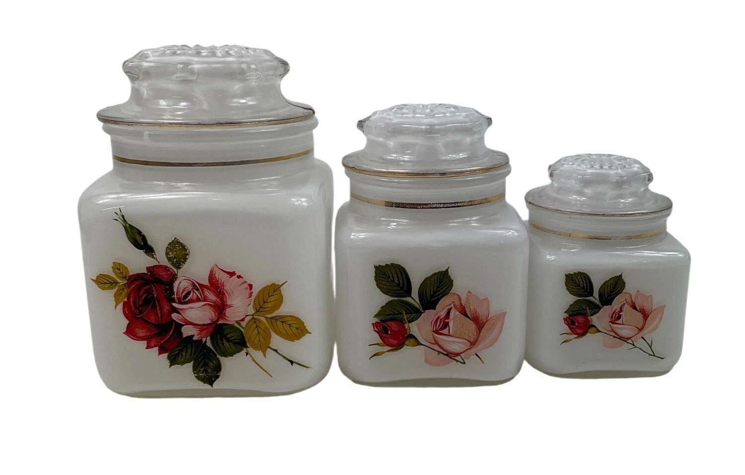 White Frosted Glass Jars With Gold Trim And Floral Rose Design Set Of 3 w/Lids