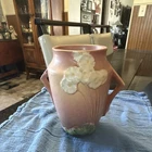 Pink Ceramic Vase with White Floral Relief, Green Base, Flower Theme