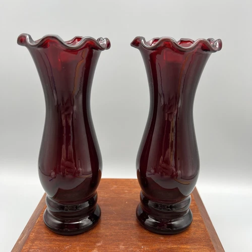 Pair Of Vintage Anchor Hocking Ruffled Top Ruby Red Vases