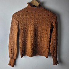 Zara Women Size S Brown Patterned Frill Roll Neck Thin Knit Jumper Casual Smart