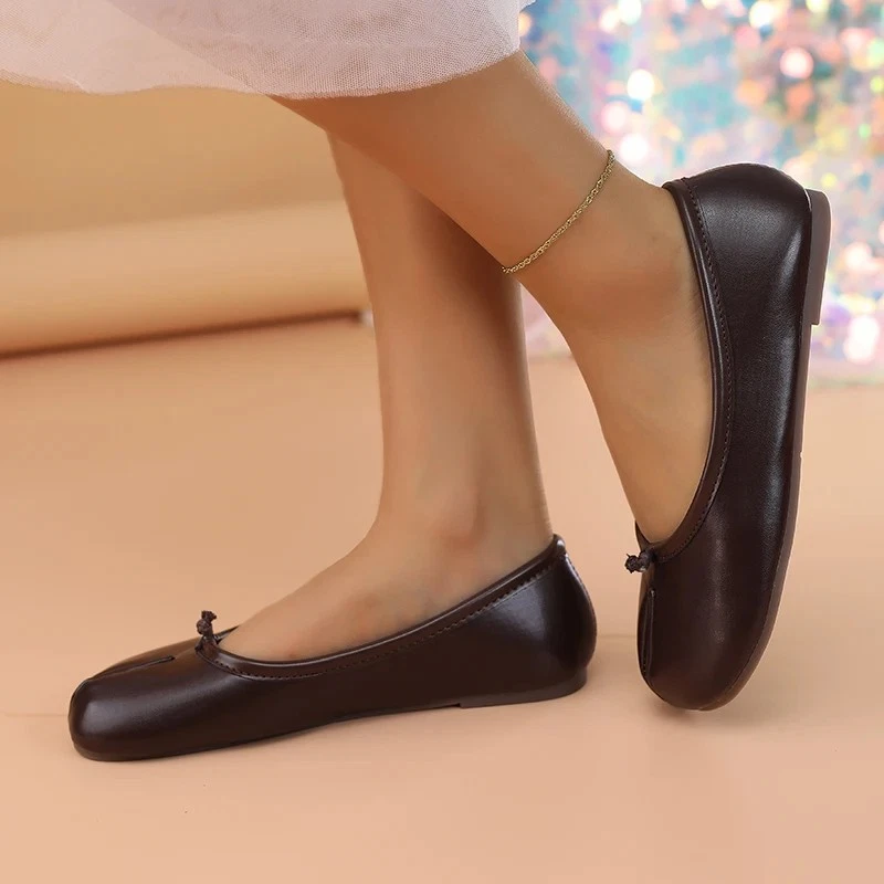 Women’s Leather Tabi Split Toe Ballet Flats Bowtie Court Shoes Fashion Slip On image 1