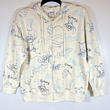 Disney Stitch Sweatshirt Women's L Embroidered Full Zip Cream Hoodie Jacket NWT