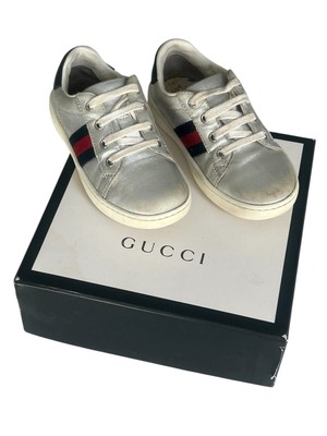Kinder Gucci Ace Sneaker Schnürschuhe Leder Silber Größe EUR 24 / UK 7 Baby Kids 