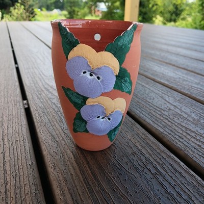 Vintage Terracotta Clay 3D Wall Pocket Planter Vase Pansies Hand Painted Signed