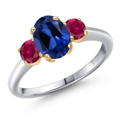 925 Silver and 10K Yellow Gold Created Sapphire and Created Ruby Engagement