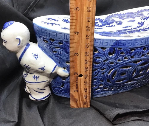 Vintage Chinese Porcelain Blue And White Boy And Girl Headrest Pristine - Picture 12 of 16