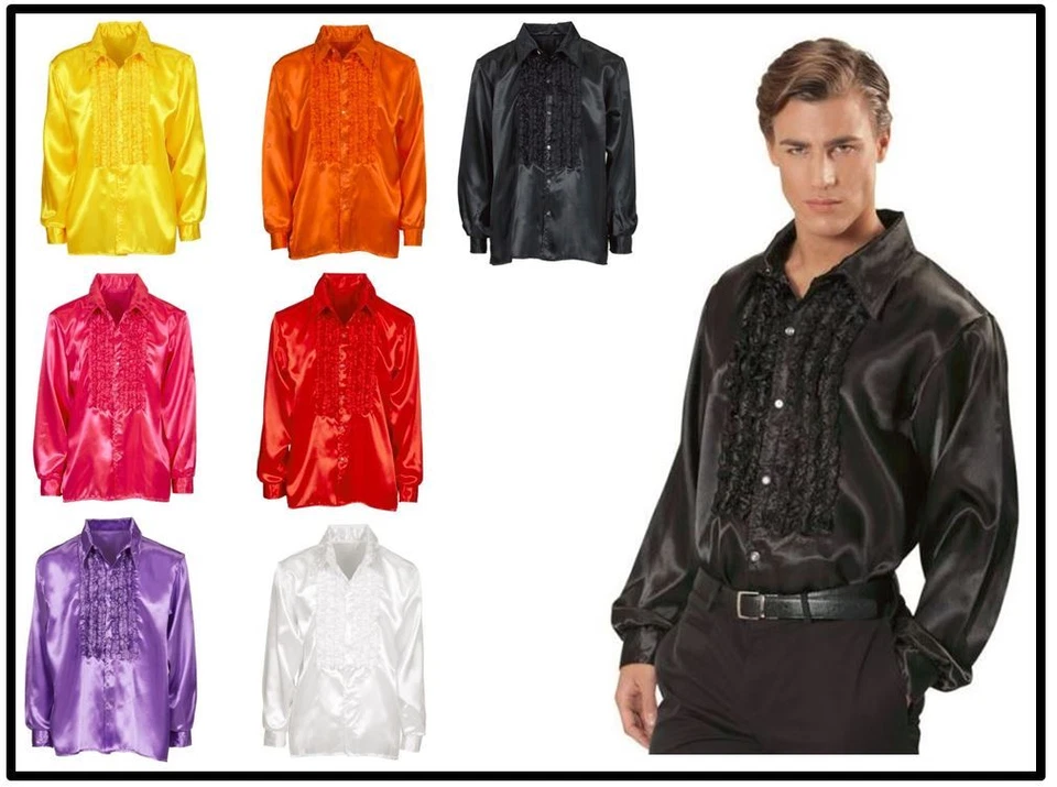 Satin Rüschenhemd Herren Hemd Party Disco Hippie 70er 80er Jahre Schlagerparty