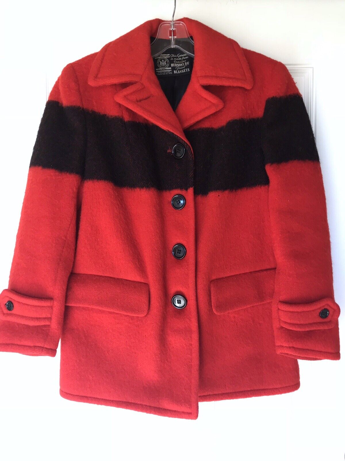 Vintage Hudsons Bay Points Blanket Red Coat England Wool Black Tag 1940s  Antique