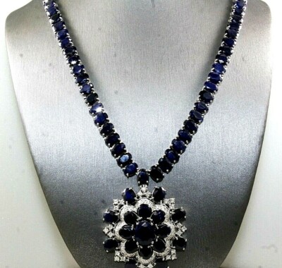Oval Blue Sapphire & Diamond Cluster Necklace Pendant 14K White Gold 107.12Ct