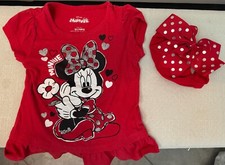 Disney Minnie Mouse Red Girls Shirt with hearts and Accompanying Headband Bow