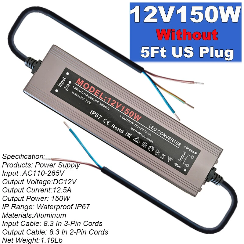 DC 12V 12.5A 150W LED Driver Waterproof IP67 Power Supply Adapter Transformer - Image 2 of 4