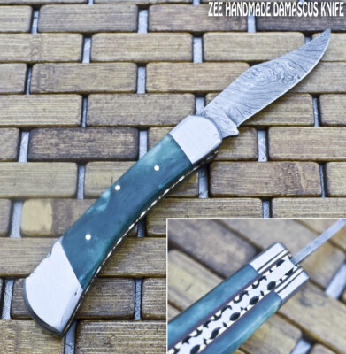ZEE CUSTOM MADE DAMASCUS ART FOLDING KNIFE BACK LOCK CAMEL BONE HANDLE