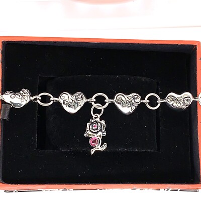 Authentic Ed Hardy Heart & Rose Charm Stainless Steel Bracelet 8.5