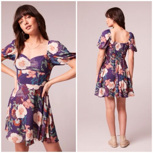 NWT Band of Gypsies Aimee Purple Ivory Puff Sleeve Floral Mini Dress, Size S