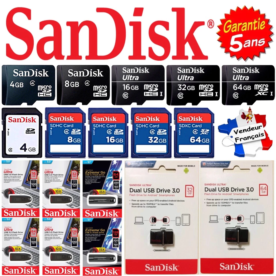 Carte Mémoire ou Clé USB SANDISK : SD / Micro SD 4 8 16 32 64 128 256 Go Gb Giga - Photo 1/1