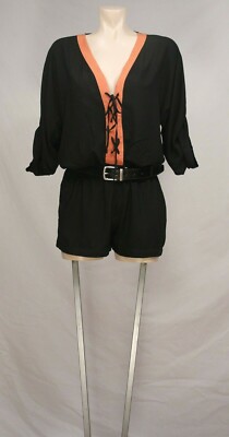VaVa Joy Han Black Orange Romper S Lace Up Front Long Sleeves Pockets EXC