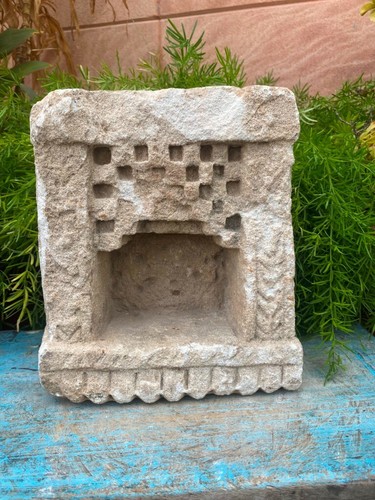 17th Antique Sandstone Hand Carved Alla Candle Holder Oil Lamp Holder 8.5 x 7'' - Picture 2 of 12