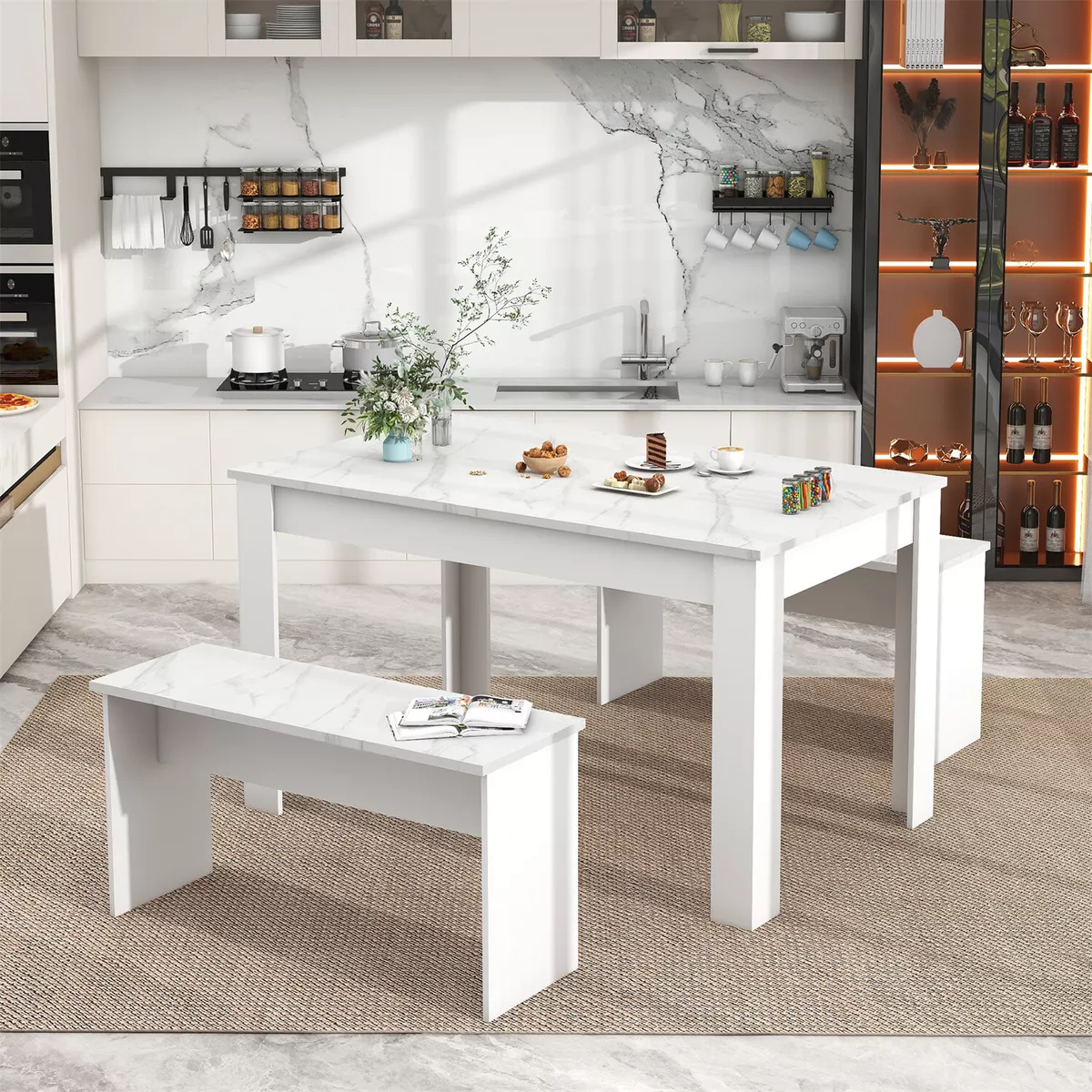 3 Pcs Modern Dining Table Set Table and 2 Bench Marble Look