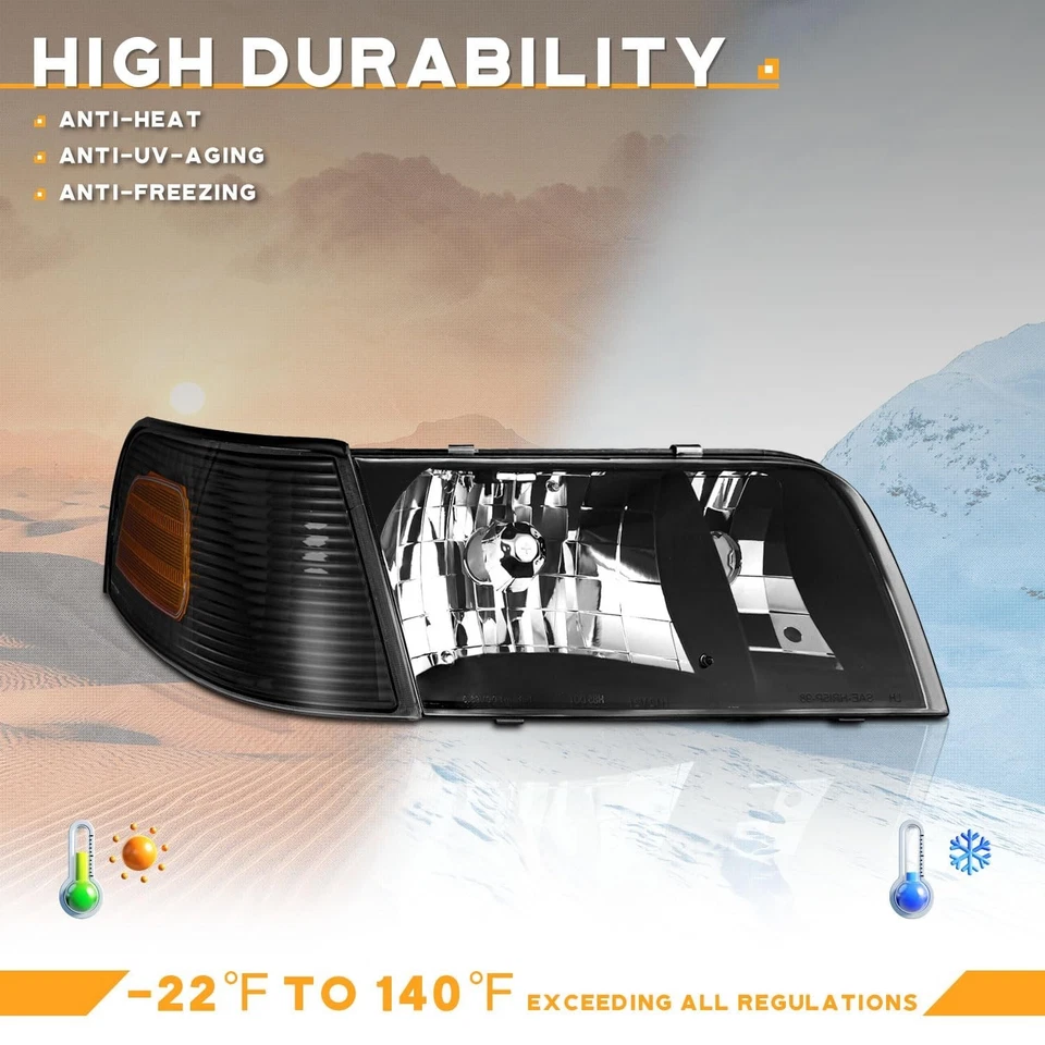 Pair Headlights + Corner Signal Lights For 1998-2011 Ford Crown Victoria Black Foto 4 de 4