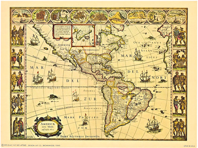 DE'LEON ART CO.  ''OLD MAP OF AMERICAS'' ~(1972)~ **#47065 / LITHOGRAPH PRINT**#60