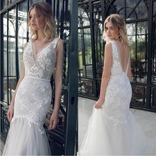 Elegant Mermaid Wedding Dresses V Neck Backless Beach Bridal Gowns Lace Applique