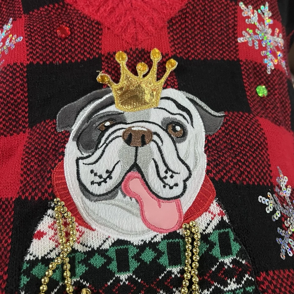 Bulldog Buffalo Plaid Ugly Christmas Sweater - Women's Size Medium - GUC - Image 4 of 4