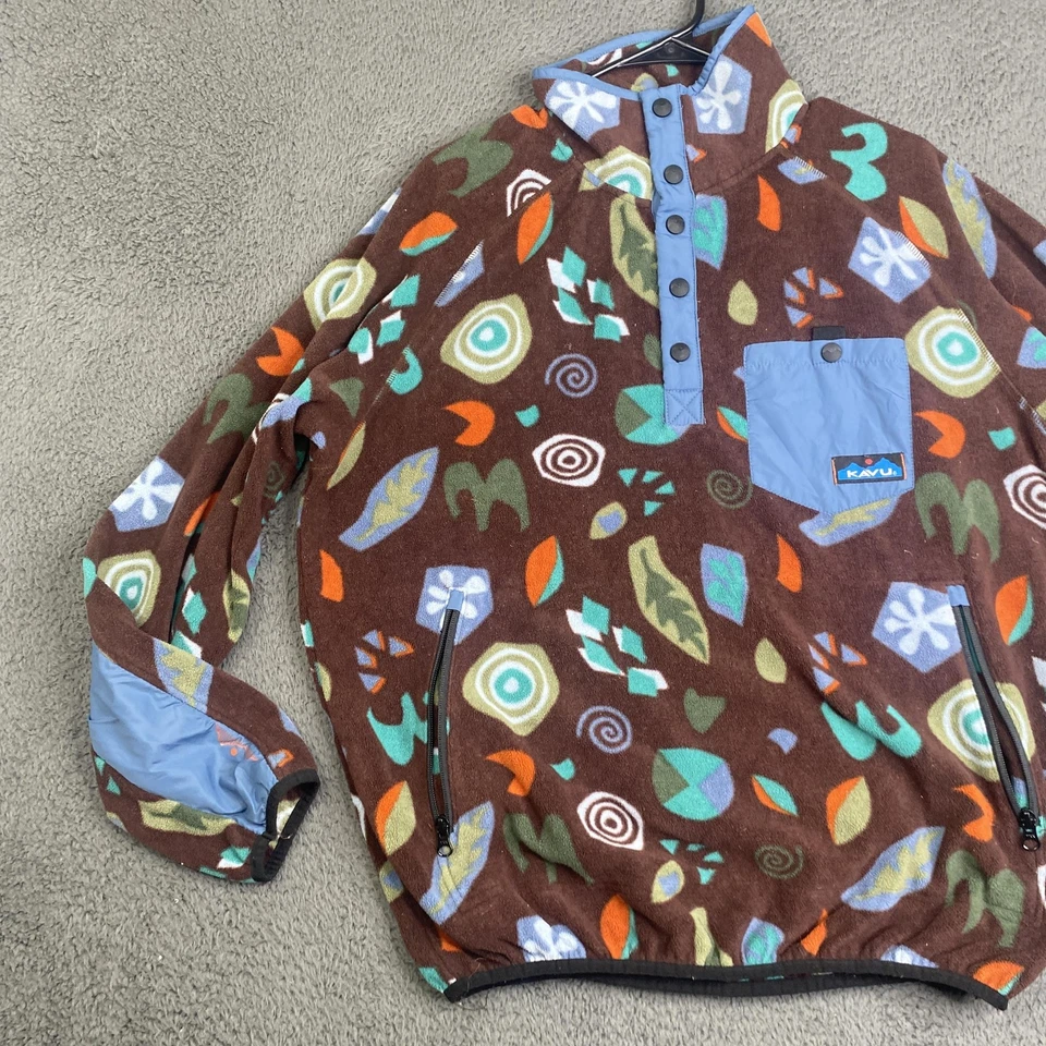 Kavu Pullover Mens Medium Brown Fleece Abstract Leaf Pattern Snap Outdoor Jacket - Image 2 of 4