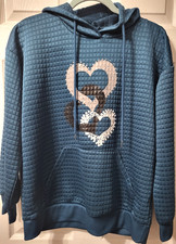 Womens Blue Waffle Pattern Hoodie M 3 Gray Black White Hearts Lightweight
