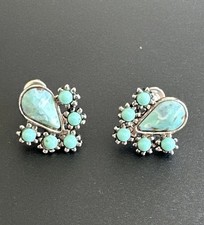 Unique Vintage Silver Toned Turquoise Colored Screw Back Earrings, Estate Piece