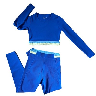 WILO Active Ribbed Yoga Set Blue Crop Top Leggings Athleisure Gym Women M