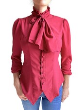 Gothic Victorian Red Ruffle Blouse   Elegant Steampunk Tie Neck Top for Women