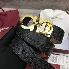 AUTHENTIC FERRAGAMO BELT FOR SALE NEW MAN BLACK LEATHER GOLD BUCKLE 3.5CM 30/42