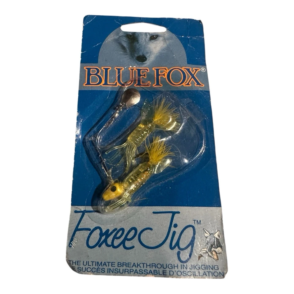 Lote de 2 señuelos de pesca Blue Foxee Jig de colección como nuevos 1988 EE. UU. negro amarillo Foto 3 de 4