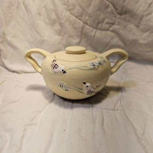 Hull Art Pottery Serenade Matte Yellow Sugar Bowl Dish Pink Song Birds Vintage