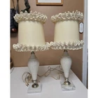 Vintage Milk Glass Table Lamps Pair Ruffled Shades Marble Base