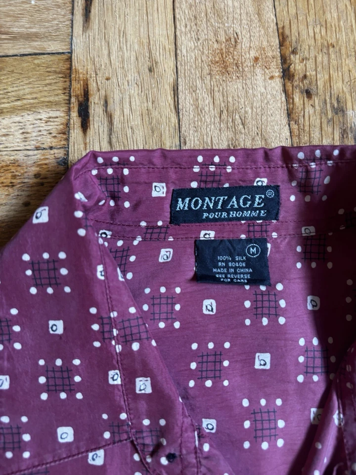 Мужская красная бордовая рубашка Montage с геометрическим узором из 100% шелка размер L короткий рукав - Изображение 3 из 4