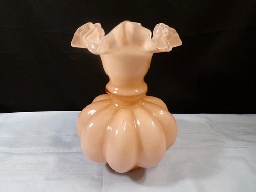 Fenton Pink Overlay Glass Large Melon Vase 8" Tall INV2
