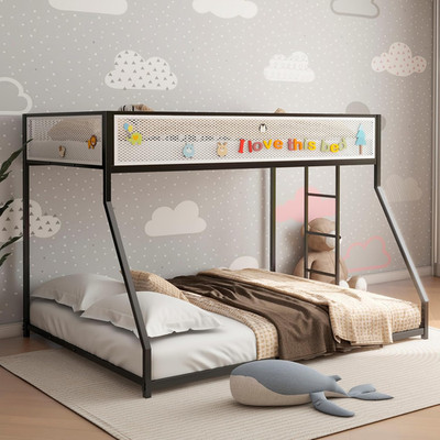 Lasse Twin Over Full Bunk Bed with White Guard Rail, Metal Frame, Black
