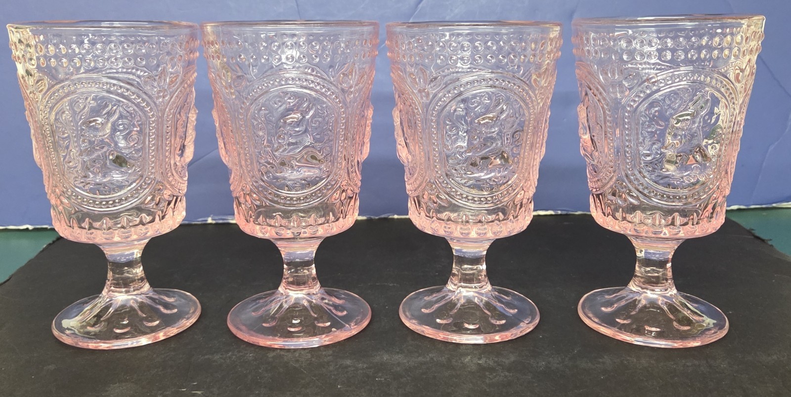 4 Vintage Style Pink Hobnail Table Home Embossed Bunny  Water Goblets Glasses 