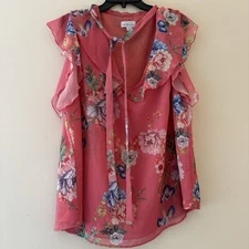 Sweet Pea for New York & Company Floral Ruffle Tie Neck Blouse XXL
