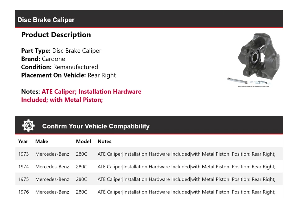 Pinza de freno de disco trasera derecha cardone 1974 1975 para Mercedes-Benz 280C 1973-1976 Foto 2 de 4