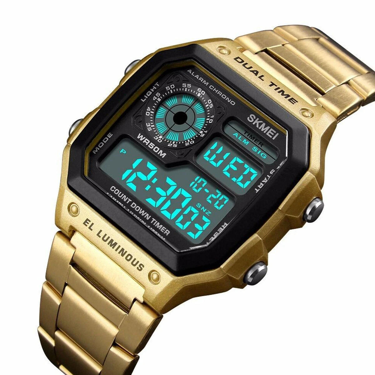 SKMEI Montre de luxe digitale en acier inoxydable avec alarme