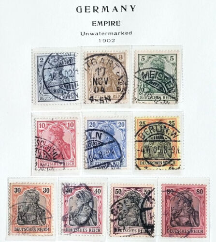 Imperio Alemán Usado Conjunto de 10 Estampillas Sin Marca de Agua 1902 Scott#65c-74 ENVÍO GRATUITO EE. UU. - Imagen 1 de 1
