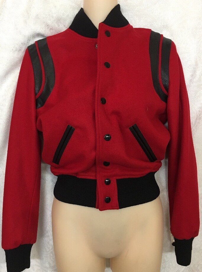 Giacca bomber orsacchiotto Saint Laurent rosso e nero lana finiture in pelle F – 36