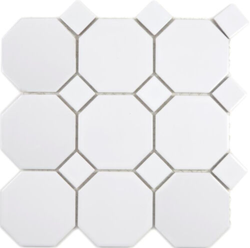 Octagonale Achteck Keramik Mosaik weiß matt mit weiß glänzend Mosaikfliese Wan . - Bild 1 von 4